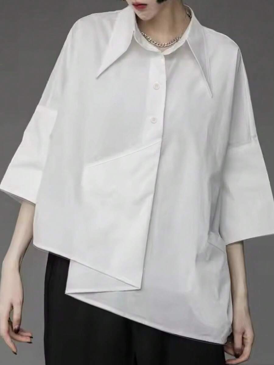 女士不对称休闲黑色衬衫 - 白色 - 查看 1