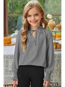 Teen Girls' Casual Blouse - V-Neck Chiffon Shirt With Smocked Cuffs And Long Sleeve - 灰色的 - 查看 3