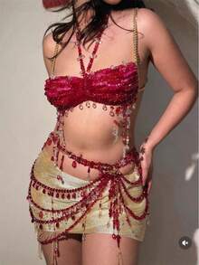 GLOSSMOON Handmade Crystal & Acrylic Beaded Body Chain - Sparkly Fringe Bikini Jewelry - Boho Beach Vacation & Nightclub Rave Accessories For Women Sunset Mermaid Crystal Body Chain | Iridescent Bikini Jewelry For Beach Party | Lightweight Rave Wear & Clubbing Statement Bra - 紅色 - 查看 3