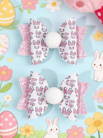 2pcs Easter Hair Clips, Multi-Layer Rabbit Decor Hair Clips With Bow, Glitter Hair Clips, Fashion Alligator Clips, Suitable As Party Gifts For Girls