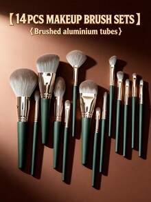 14pcs Professional Haze Green Makeup Brush Set, Soft Synthetic Hair Brushes, Create Airy Makeup Look, Complete Green Nature-Inspired Makeup Tool Collection, Cruelty-Free, Vegan, Suitable For Foundation, Powder, Blending, Eyeshadow - Green - View 2