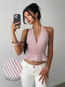 1pc Women's Striped Twist Halter Neck Backless Elegant Fitted Crop Top, Suitable For Going Out, Dates, Parties, Beach Vacation - Red - View 3