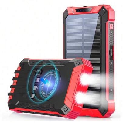 40000mAh Solar Power Bank Solar Mobile Power Bank Wireless Charger Built-In 4 Cables Six Outputs Three Inputs 15W Fast Charging Mobile Power Bank Suitable For All Mobile Devices With Dual Flashlights Solar Portable Charger Suitable For Outdoor Travel/Camping And Emergency Backup Mobile Power