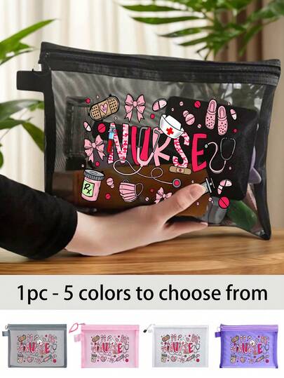 护士主题化妆收纳包 - 结实耐用的网状拉链储物袋，可折叠旅行包，适合护士和护理学生使用 - 轻便的医用收纳包，带有听诊器图案