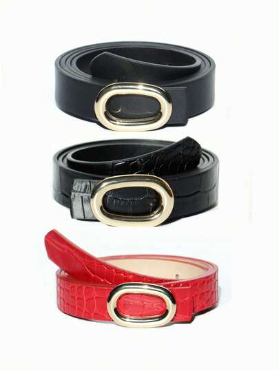1pc Women's Oval Hollow Buckle Belt, Fashion Personalized Design Decorative Belt, Crocodile Texture, Suitable For Daily Wear