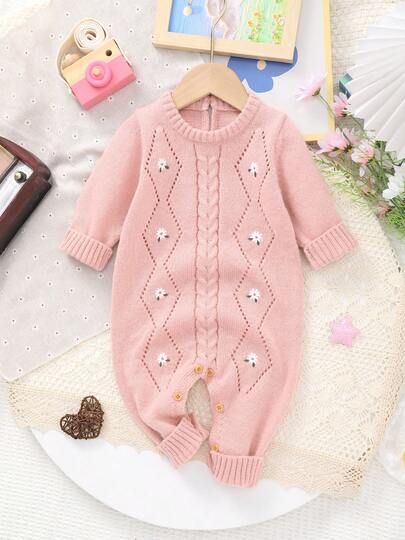 Baby Girl Casual Embroidered Long Sleeve Knitted Jumpsuit, Autumn/Winter