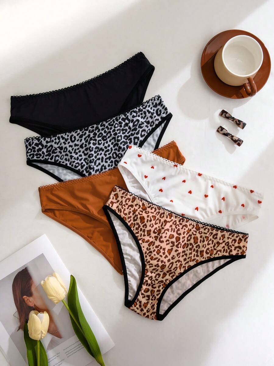 5pcs/Pack Women's Leopard Print Seamless Breathable Comfort Bikini Panties - Multicolor - View 1