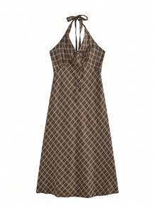 Đầm hai dây kẻ caro thanh lịch mới, phối cùng áo khoác cardigan, đa năng (Họa tiết kẻ caro ngẫu nhiên) Mùa hè - Cà phê nâu - Xem 5