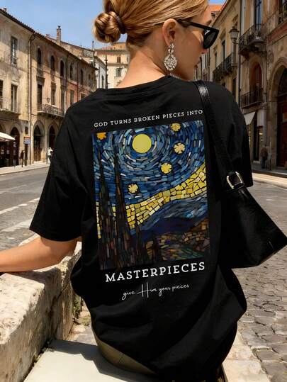 Camiseta de manga corta negra de cuello redondo, versátil y holgada, con estampado de letras de arte de patrón simple, adecuada para el uso diario y de vacaciones, nueva para el verano de las mujeres