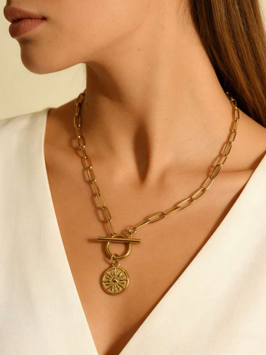 MECYLIFE 1pc Fashionable Cute Sun Pendant Necklace, Paperclip Chain Necklace, Gold Color For Women - #1 - View 1