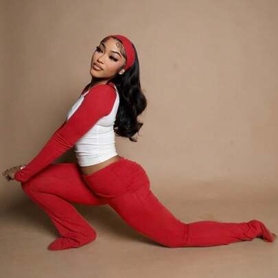 American Casual Sports Suit Basic Contrasting Color Long-Sleeved T-Shirt Waist Trousers Fitness Three-Piece Set, Conjunto De Dos Piezas Mujer