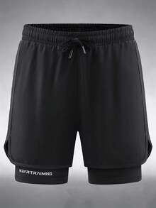 1 chiếc quần short thể thao nam dài 3/4, có lớp lót bên trong, kiểu dáng boyfriend, nhanh khô, phù hợp cho tập luyện mùa xuân/hè và đi làm. - màu đen - Xem 4