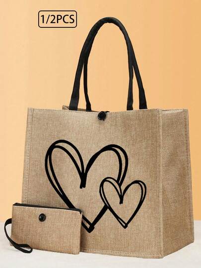 1/2 piezas Bolso de tela grande y ligero de gran capacidad, bolso de playa portátil y multifuncional con bolsa de cosméticos, bolso de viaje minimalista, bolso de tela con estampado de corazón, set de bolsas de regalo, bolsa de almacenamiento de cosméticos, bolsa de compras, regalo de cumpleaños, regalo del Día del Maestro, regalo del Día de la Enfermera, bolso de tela con textura de lino, mejor regalo de aniversario, bolsa de almuerzo, uso diario, mejor regalo de Navidad para maestros, bolso de hombro de moda para mujer