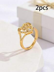 2pcs Elegant Hollow Heart & Letter Adjustable Rings, Fashionable Jewelry Gifts Suitable For Women, Girlfriends, Wives, Mothers, Families And Friends On Birthdays, Anniversaries And Other Occasions - Yellow Gold - View 27