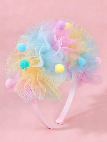 1pc Colorful Mesh Headband For Girl, Colorful Wool Ball Hairband, Sweet And Cute Princess Headwear Suitable For Birthday Parties And Daily Life Teens Hair Accessories