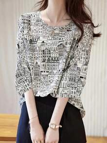 时尚建筑印花蝙蝠袖衬衫，春夏 - 白色 - 查看 1