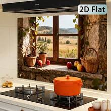 1pc 2D Flat Self-Adhesive Kitchen Wall Sticker | Rustic Stone Wall & Wooden Window & Country Apple Basket Style, Removable Kitchen And Living Room Splashback Wallpaper, Glossy Vinyl, 55 X 100 Cm - Style 1 - View 4