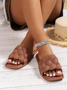 Women's Flat, Versatile, Simple Woven Casual Slip-On Sandals, Comfortable, Soft, Vacation Style Open Toe Slippers - Brown - View 4