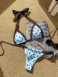 New Beaded Polka Dot Print Drawstring Halter Bikini Set, Women's Tankini Swimsuit For Beach, Pool Party, Holiday - Blue - View 2