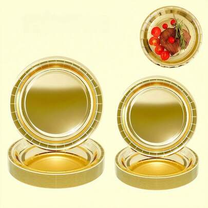 5/10/25/50/100pcs Gold Paper Plates, Salad Plates, Dessert Plates, Disposable Party Tableware, Party Platters, 7 Inch And 9 Inch Sizes Available, Convenient For Serving Cakes, Desserts, Salads, Burgers, Sandwiches, Appetizers, Suitable For Birthday Parties, Weddings, Outdoor Camping, Christmas Decorations, New Year
