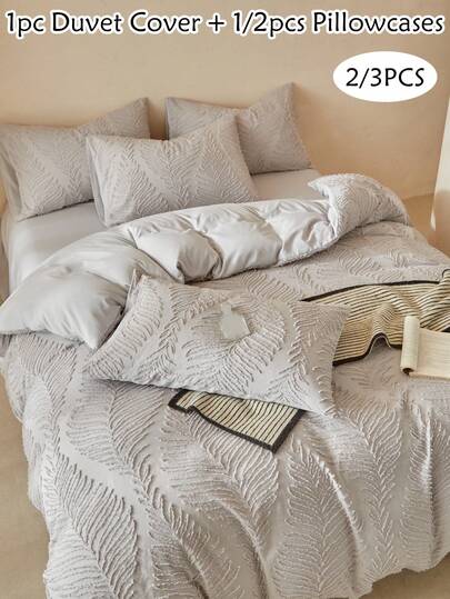 2/3 st. påslakanset i bohemisk stil med tuftad jacquard, grått lövmönster med vintagebroderi, mjukt och andningsbart, maskintvättbart, perfekt present, rumsinredning, heminredning (1 påslakan + 1/2 örngott, utan fyllning)