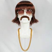 1960年代迪斯科假发+眼镜、胡子、金项链、棕色短卷波波头假发、男士刘海、摇滚嬉皮歌手装扮、非洲合成刘海假发，适合狂欢节、1970-1980年代 - 棕色 - 查看 13