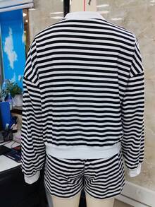 Women Striped Shorts Set Long Sleeve Button Down Cardigan Wide Leg Boxers 2 Piece Matching Outfits - Black - View 8