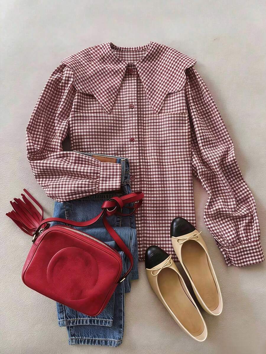Women's Casual Plaid Shirt With Pockets, Suitable For Daily Wear, Commuting, And Relaxed Styling, Women's Spring/Summer Shirt - Red - View 1