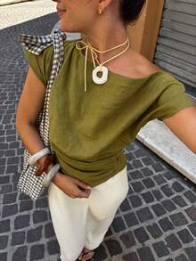 PoPoHouse 夏季时尚露肩短袖褶皱女式上衣 - 綠色 - 查看 9