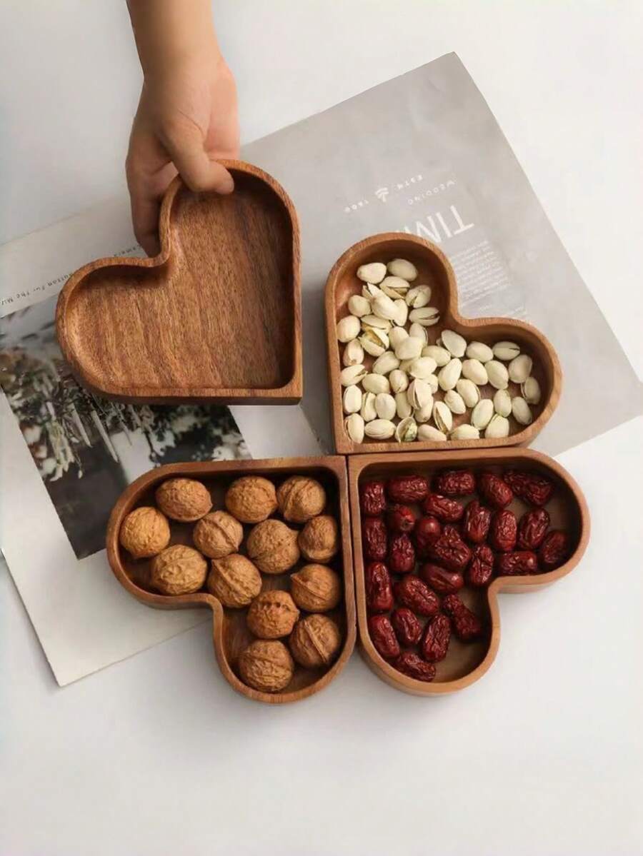 Bandeja de madera maciza con forma de corazón | Caja apilable de nueces secas de nogal | Plato de servir con forma de amor creativa para frutos secos, aperitivos y dulces | Perfecto para regalos de Pascua y Día de la Madre | Decoración del hogar y accesorios de cocina - Multicolor - Ver 1