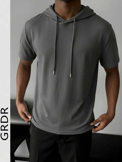 GRDR Men's Casual Sports Hooded Short Sleeve T-Shirt, Fashionable Minimalist Solid Color Short Sleeve Suitable For Running And Daily Wear