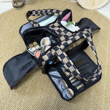Checkered Toiletry Bag,Large Capacity Water-Proof Plaid Cosmetic Bag,Women Multi-Partitions Makeup Bag,Dust-Proof Wide-Open Puffy Organizers For Travel Accessories , Portable Travel Bag With Strap For Putting On Suitcase - 咖色 - 查看 3
