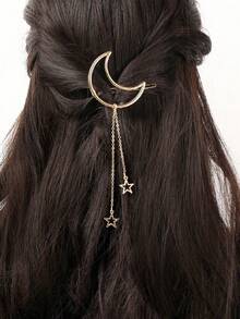 1pc Eid Mubarak Gold Hollow Moon & Star Chain Headpiece, Boho Cute Hiphop Hair Clip, Star Moon Combo, Eid Gift, Party Hair Accessories - Gold - View 1
