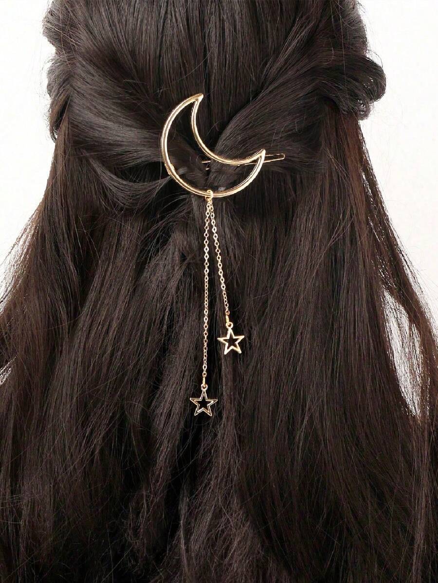 1pc Eid Mubarak Gold Hollow Moon & Star Chain Headpiece, Boho Cute Hiphop Hair Clip, Star Moon Combo, Eid Gift, Party Hair Accessories - Gold - View 1