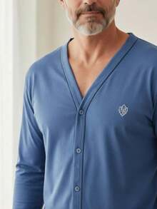 Men's Open Button Pajamas With Long Sleeves And Long Pants For Winter Post-Surgical Use In Knit Fabric - Blue - View 2