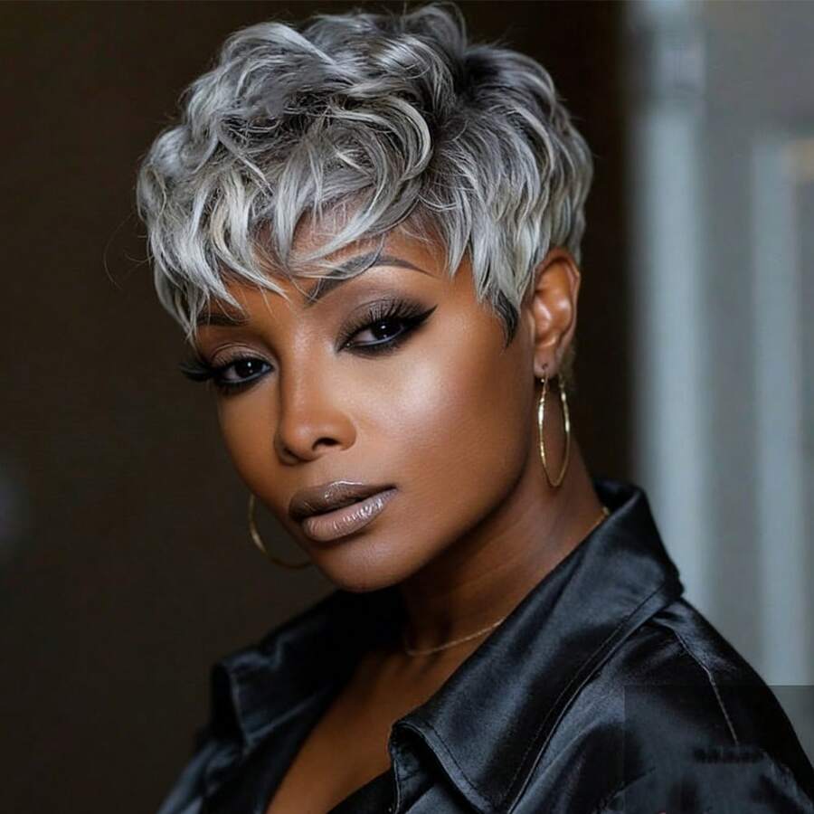 Human Hair Glueless Wig For Women-Grey Pixie Cut Human Hair Wig For Ladies- No Lace Front Wig Wear And Go Wig For Daily And Cosplay - Grey - 查看 1