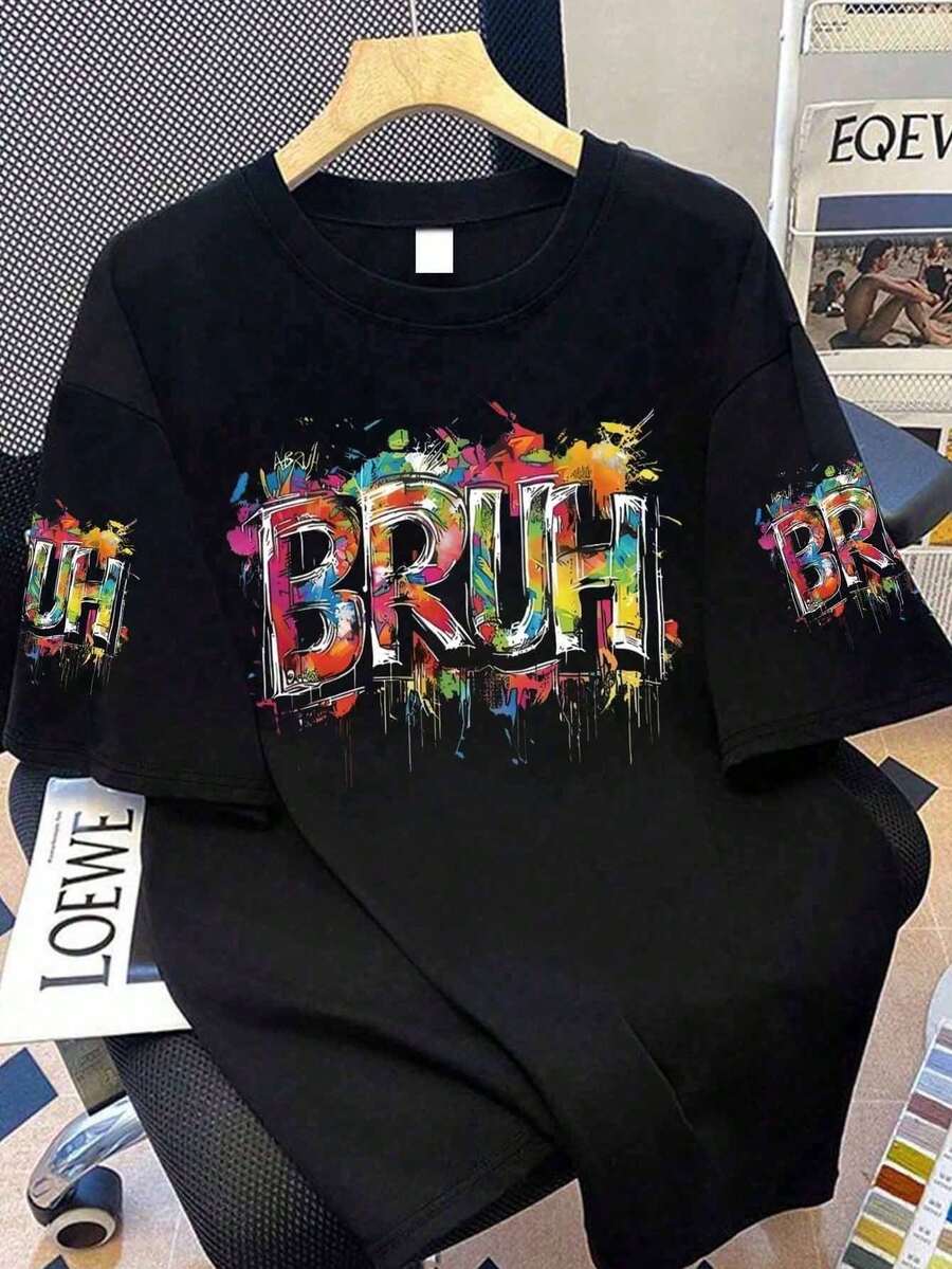 Women's Casual And Simple Slogan Print Short-Sleeved Loose T-Shirt, Joker Casual Sportswear Style Top For Spring And Summer, Suitable For School, Shopping, Sports Vacation And Other Occasions, Unisex. - Black - View 1