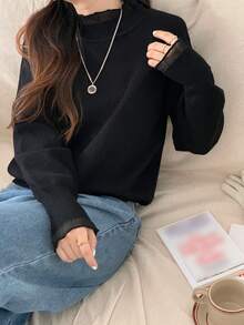 女士秋冬荷叶边高领毛衣 黑色 - 黑色 - 查看 4