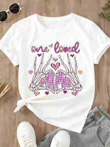 Mother's Day Women Plus Size Short Sleeve T Shirt Skeleton Hands Mama Pink Hearts Print Casual Wear - trắng - Xem 2