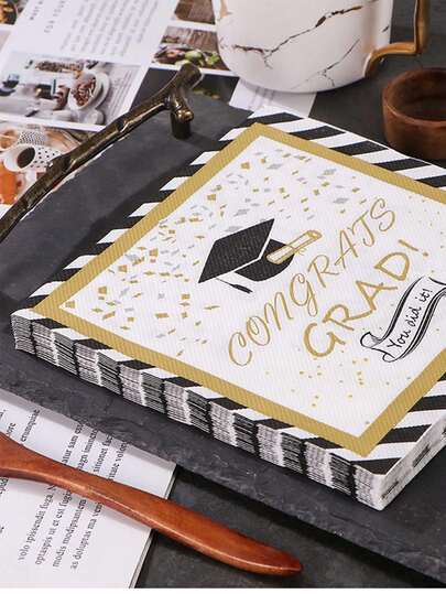 20pcs 2026 Graduation Black Gold "Congrats Grad" Napkins, Graduation Party Supplies, Graduation Ceremony Table Decor, Party Decorative Napkins