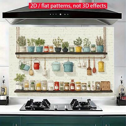 1 pieza Pegatina plana 2D a prueba de aceite para cocina | Diseño de escena cálida de cocina, con diversos utensilios y artículos de cocina ordenados, que muestra la calidez de la vida diaria | Pegatina decorativa de PVC | Adecuada para decoración de paredes de cocina/cafetería/restaurante