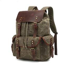 Mochila de lona encerada de piel auténtica, mochila de viaje para portátil - Verde militar - Ver 2