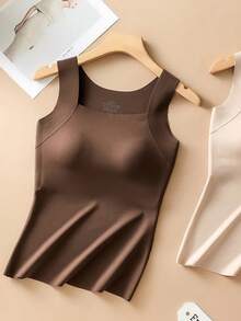 Set Of 3 Women's Seamless Thermal Camisoles With Built-In Bra Pads - Slimming And Lifting, Skin-Friendly Base Layer, Sleeveless With Wide Straps, Solid Colors (Black / Apricot / Brown), Smooth And Machine Washable Fabric, Versatile Layering Piece Suitable For All Seasons, Perfect For Everyday Wear And Various Occasions. - 彩色 - 查看 4