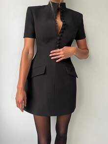 Vestido blazer elegante, casual de negócios, com cintura marcada, adequado para uso diário, escritório e deslocamentos. Preto, ideal para o verão. - Preto - Ver 3