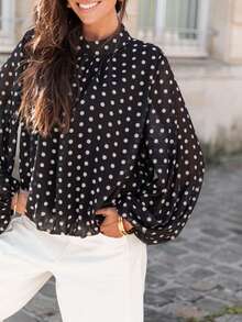 New Stylish & Elegant Women's Polka Dot Shirt, Colorblock Dot Print Full Body Casual/Holiday Shirt, Long Sleeve Polka Dot Colorblock Print Button-Up Casual/Holiday/Date/Back To School/Party Shirt Vacation Black Summer - Black - View 4