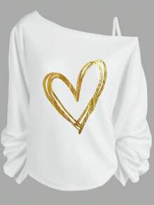 St Patricks Day Women, Gold Heart Graphic Off The Shoulder Sweatshirt, Casual Style With Long Gathered Sleeves, Perfect For Date Night And Spring Outfits-Vacation Outfits Women, Beachwear, Resort Wear, Summer TopsRelaxed Fit-Vacation Outfits Women, Beachwear, Resort Wear, Summer Tops - 白色 - 查看 7