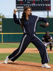 Casly Lamiit Women's 2 Piece Outfits Set Zip Up Sweatshirt Contrast Striped Wide Leg Sweatpants Suits Jogger Travel Matching Set - 藏蓝色 - 查看 4