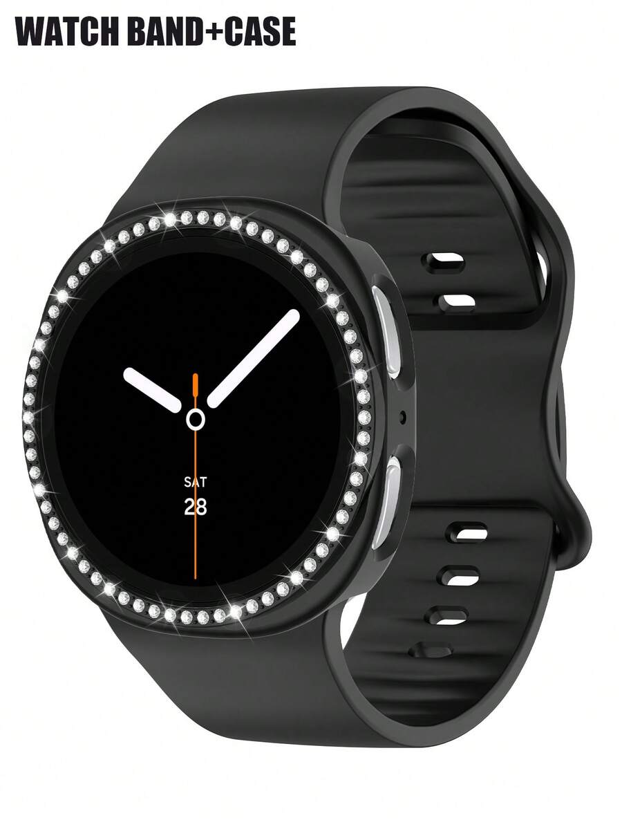 Juego de 2 en 1 de correa de reloj de silicona suave + estuche protector compatible con Samsung Galaxy Watch4 de 40 mm/44 mm para mujer. Correa de reloj de silicona suave y cómoda con hebilla de remache, combinada con un estuche protector de PC a prueba de golpes con brillantes incrustados de rhinestones. El diseño perforado del estuche protector ofrece una sensibilidad táctil. - Caja negra con caja engastada con diamantes. - Ver 1