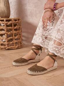 VIKIVIKI SHOES Women's Flat Espadrilles With Ankle Laces, Elegant Y2K Style Summer Sandal, Non-Slip Jute Sole, Breathable And Comfortable Design, Ideal For Holidays, Beach, Daily Walks And Casual Chic Summer Outfits - 棕色 - 查看 3