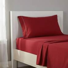 Jogo de Lençol Solteiro 3 Peças 400 Fios em Micropercal Detalhes Ponto Palito - Vermelho - Visão 3